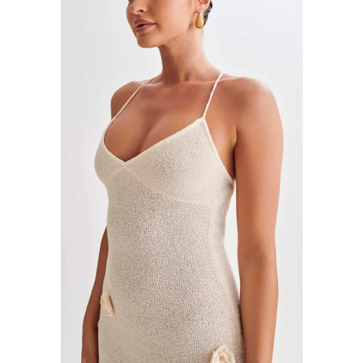 Knitted Maxi Dress with Floral Appliqués and Back Tie Detail - Malaya
