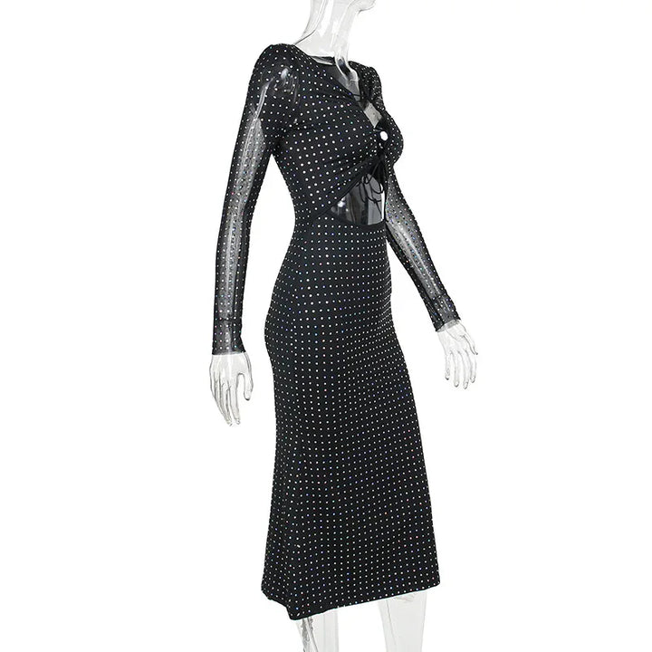Maxi evening dress with sequins, decorated with a tie neckline - Michaela