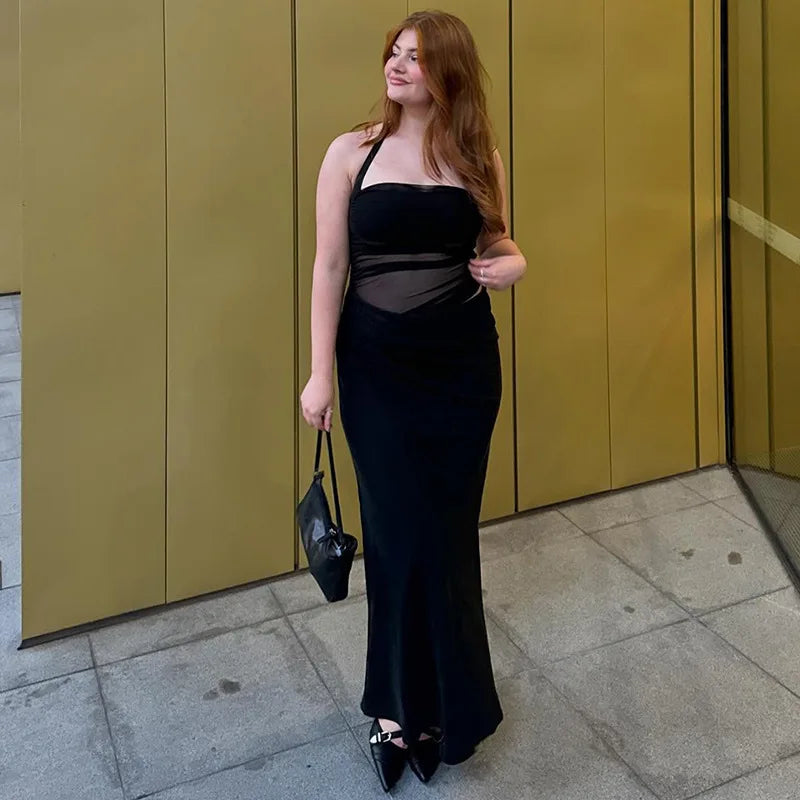Satin Maxi Dress with Gathered Mesh Top and Open Back - Arya