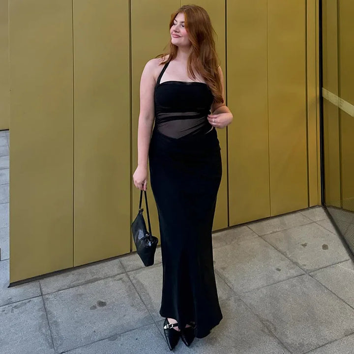 Satin Maxi Dress with Gathered Mesh Top and Open Back - Arya