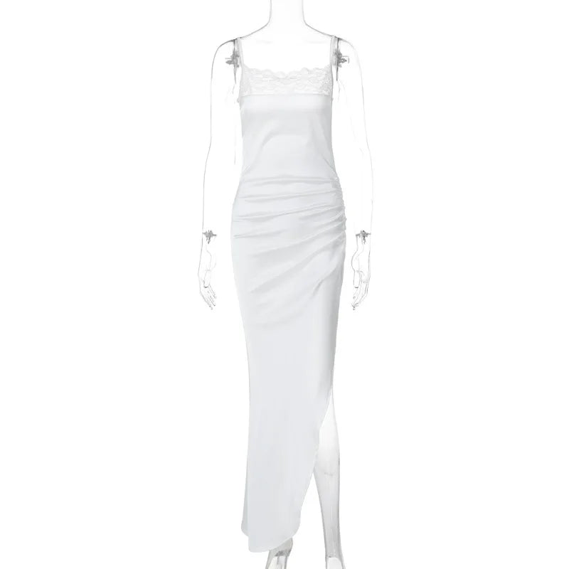 Satin Maxi Evening Dress with Slit and Lace Detail - Swan