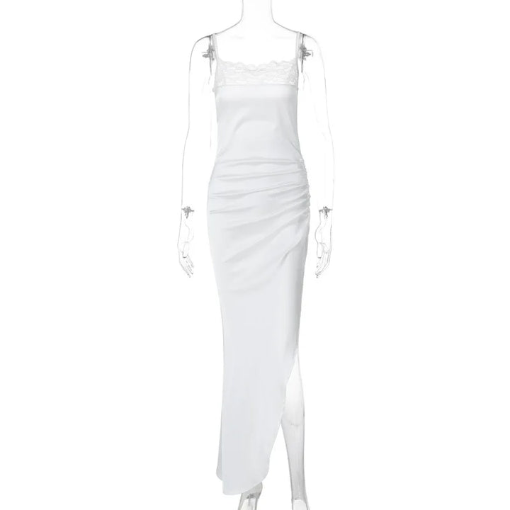 Satin Maxi Evening Dress with Slit and Lace Detail - Swan