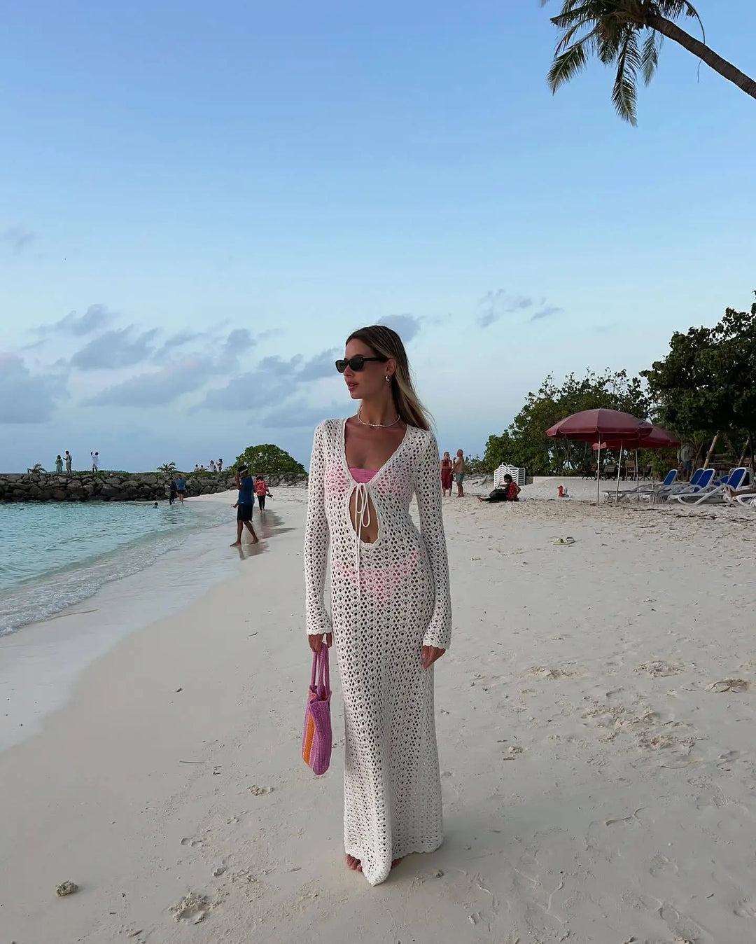 Crochet Maxi Dress with Tie Detail on Chest - Halo