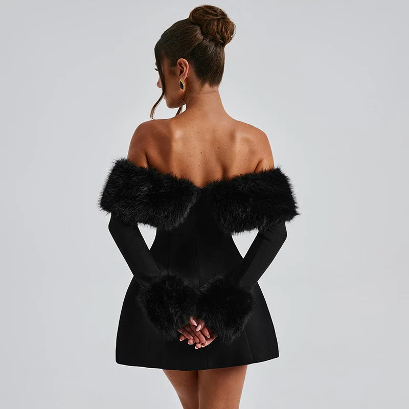 Off-shoulder A-line mini dress with feather fur detail - Ira