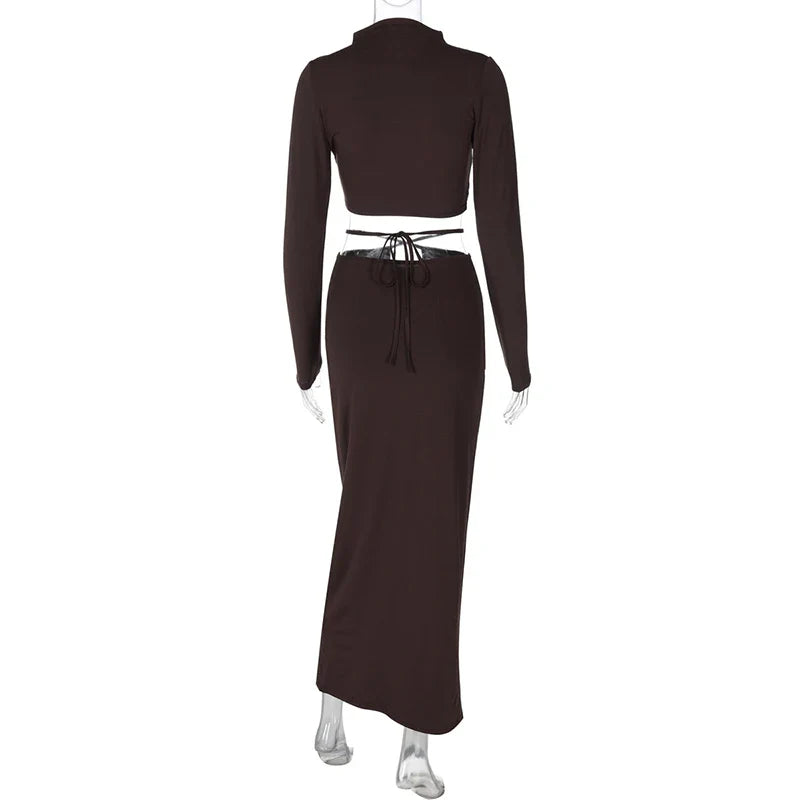 Two-piece set cross turtleneck top and maxi skirt with cross design at waist - Morena