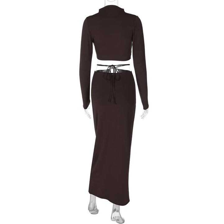 Two-piece set cross turtleneck top and maxi skirt with cross design at waist - Morena