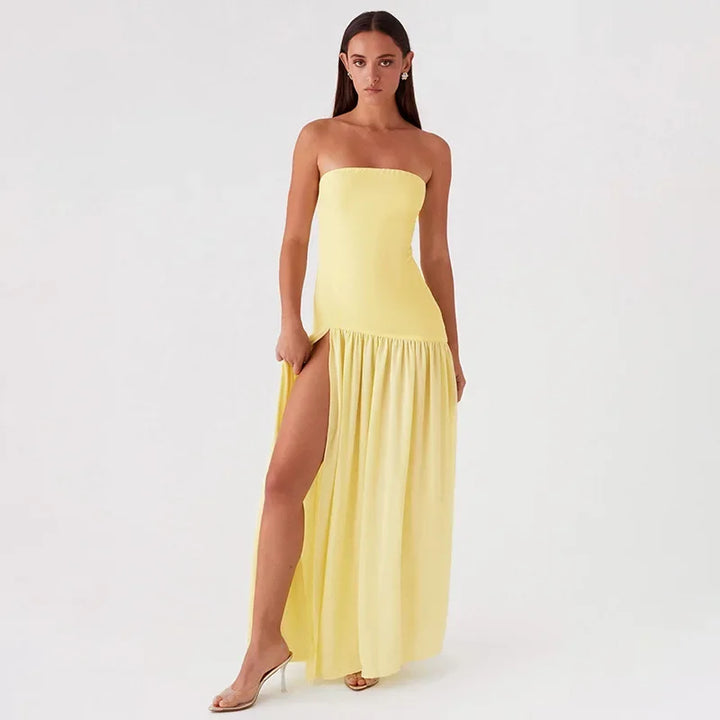 Maxi Strapless Chiffon Dress with Slit Detail - Pia