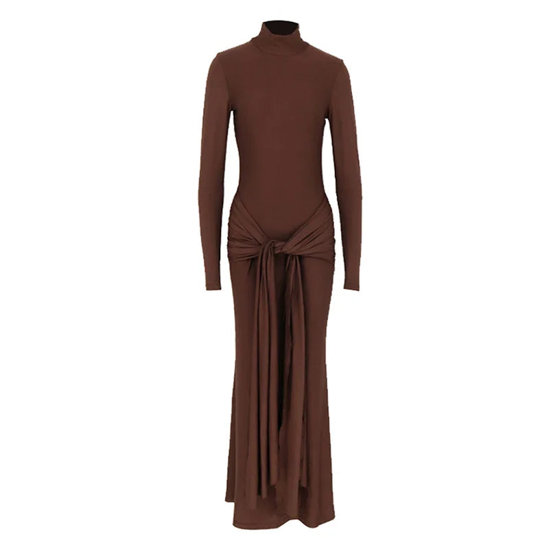 Maxi Dress with Turtleneck Collar, Gathered Design, and Tie - Margarita