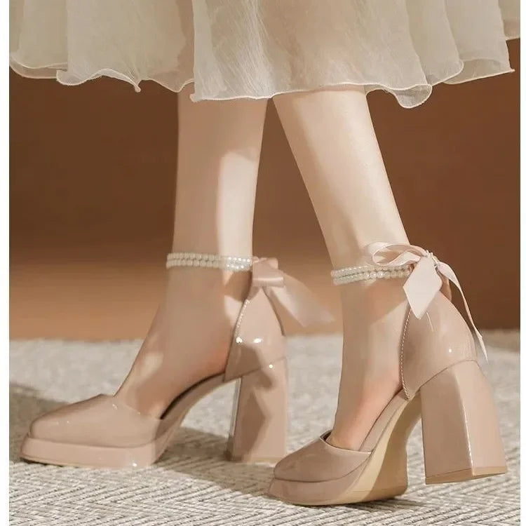 Shiny Faux Leather High Heels with Pearl and Bow Decoration - Vivian
