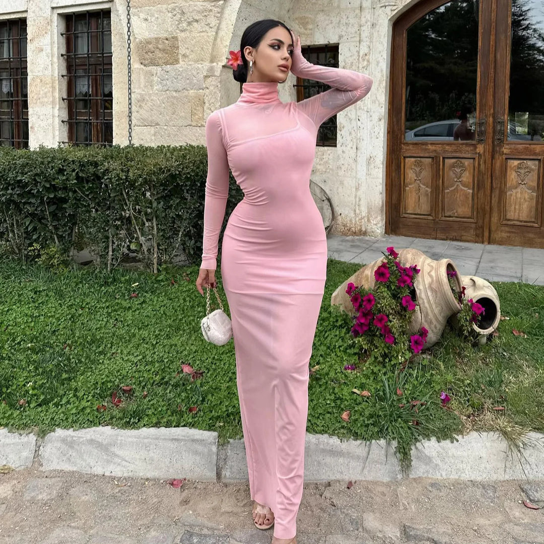 Mesh Maxi Dress with Turtleneck Underskirt - Isabella
