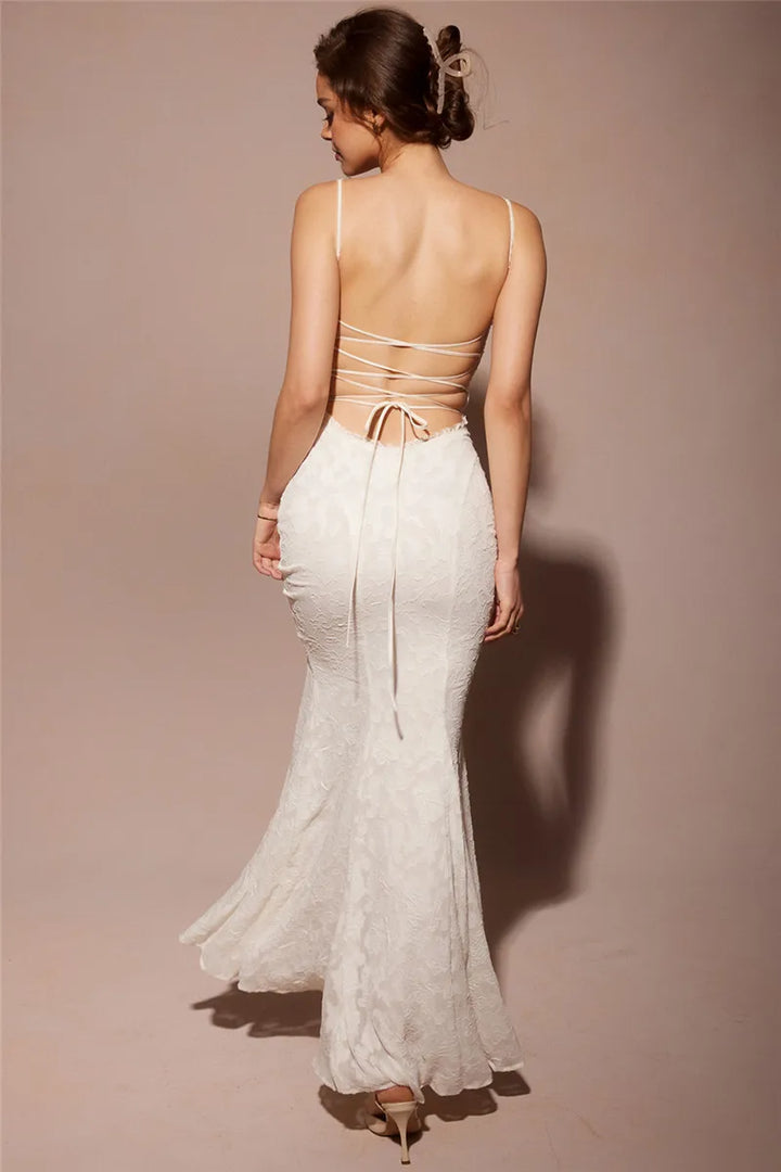 Chiffon Maxi Dress with Leaf Embroidery and Back Tie Design - BLANCA