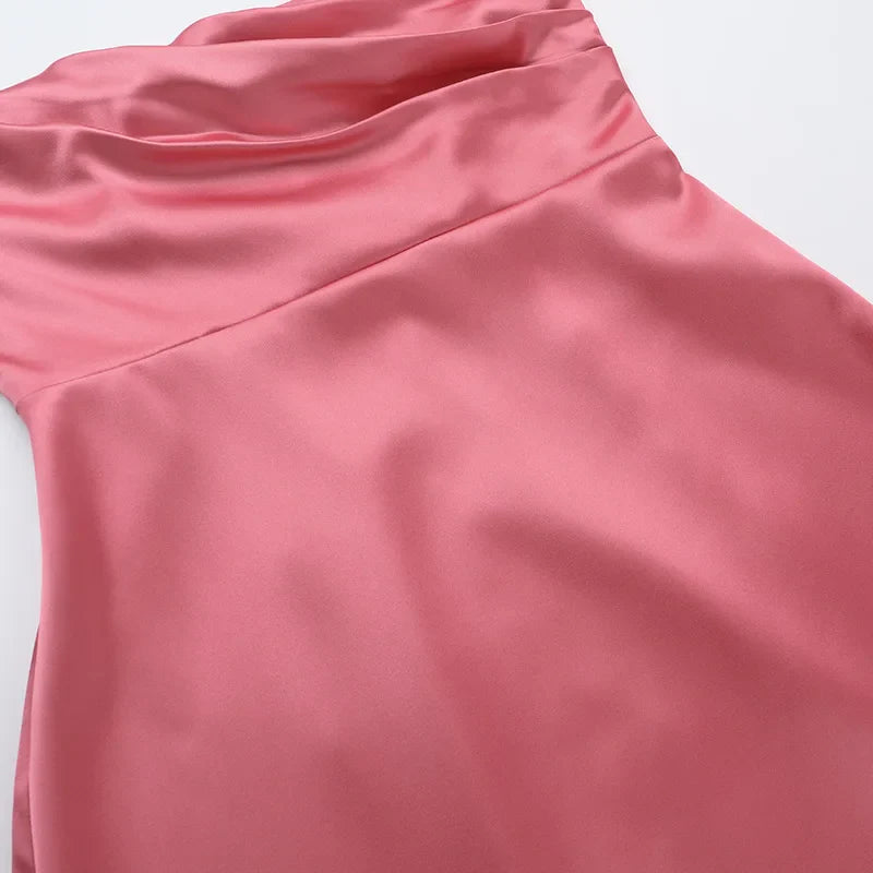 Maxi Strapless Satin Dress with Pleated Design - Rosa