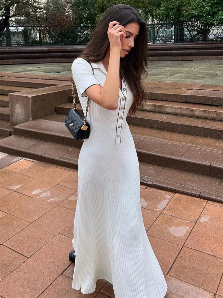 Knitted Maxi Dress with Elegant Design and Button Decoration - Ivanna