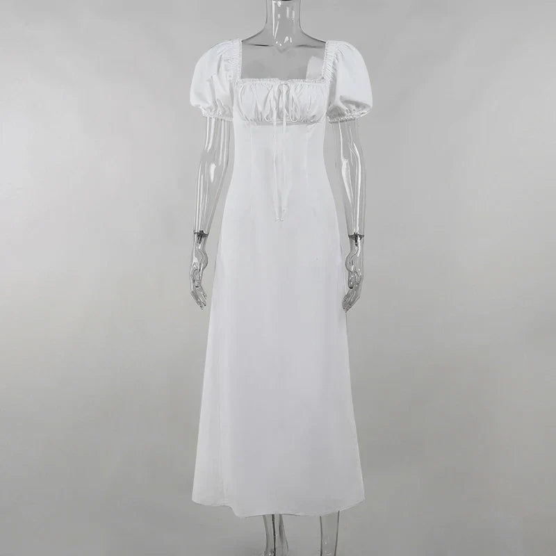 Midi Dress with Rustic Design, Puff Sleeves and Lace Decoration - Rosie