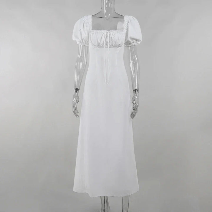 Midi Dress with Rustic Design, Puff Sleeves and Lace Decoration - Rosie