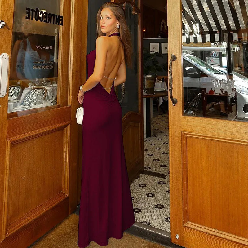Maxi Dress with Draped Collar, Open Back, and Pearl Chain Detail - Camille