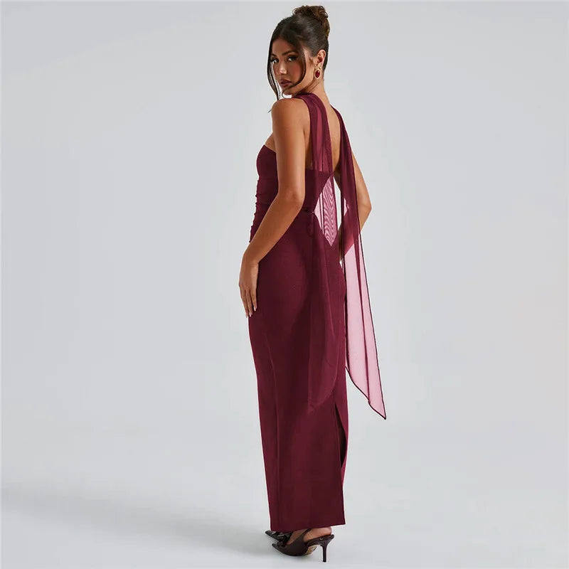 Maxi strapless dress with glove and chiffon scarf decoration - Annabel