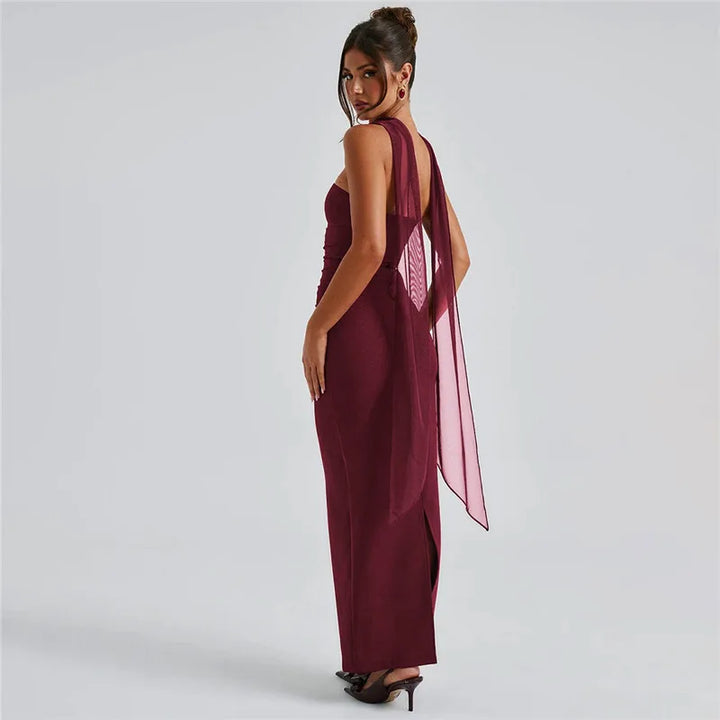 Maxi strapless dress with glove and chiffon scarf decoration - Annabel