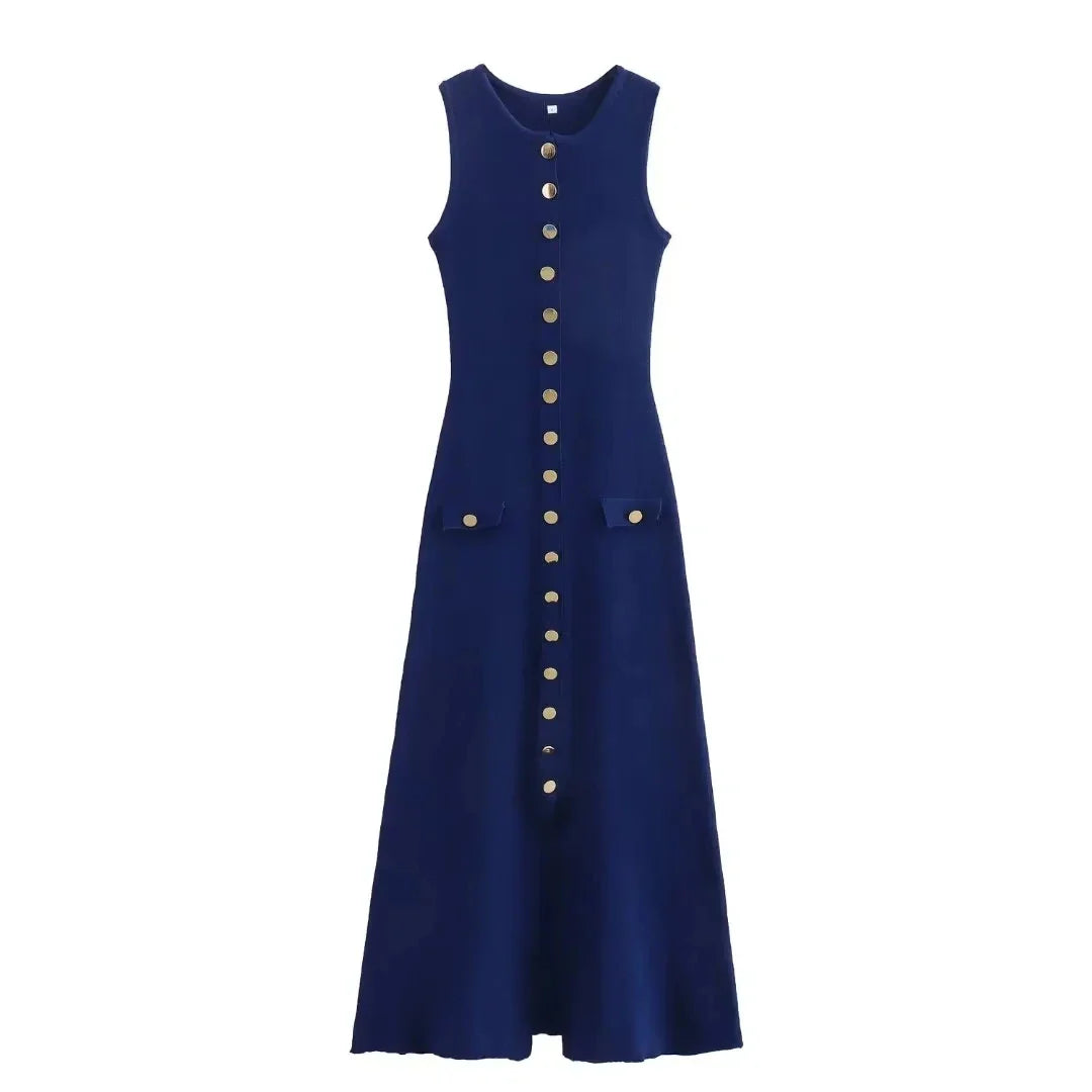 Elegant Knitted Midi Dress with Button Decoration and Small Slit - Pierre
