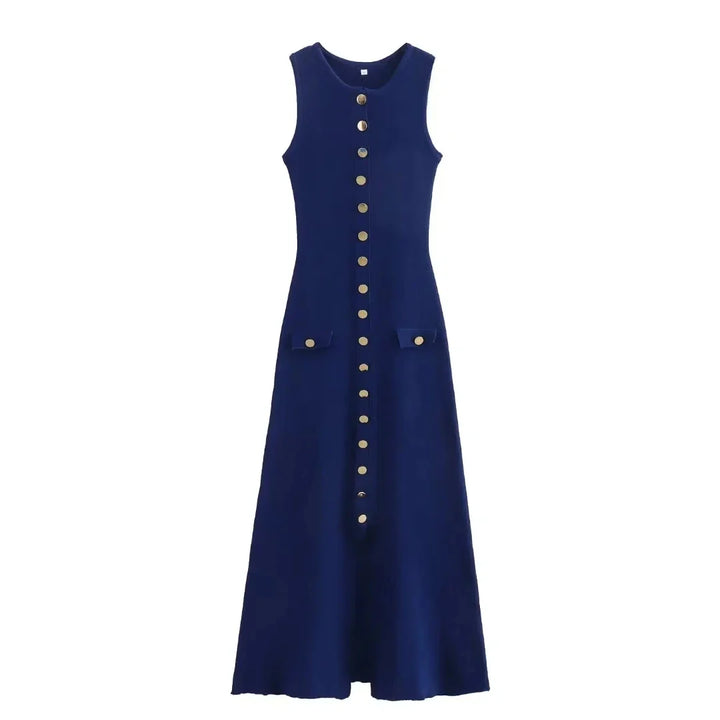 Elegant Knitted Midi Dress with Button Decoration and Small Slit - Pierre