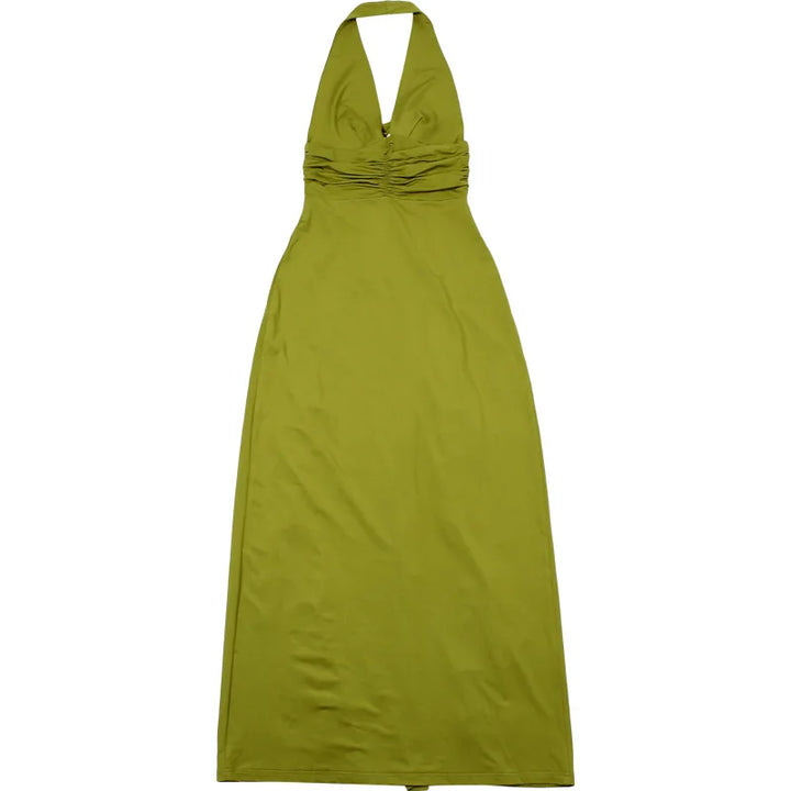 Maxi Dress with Ruffle and Flower Decoration and Open Back - Maxine