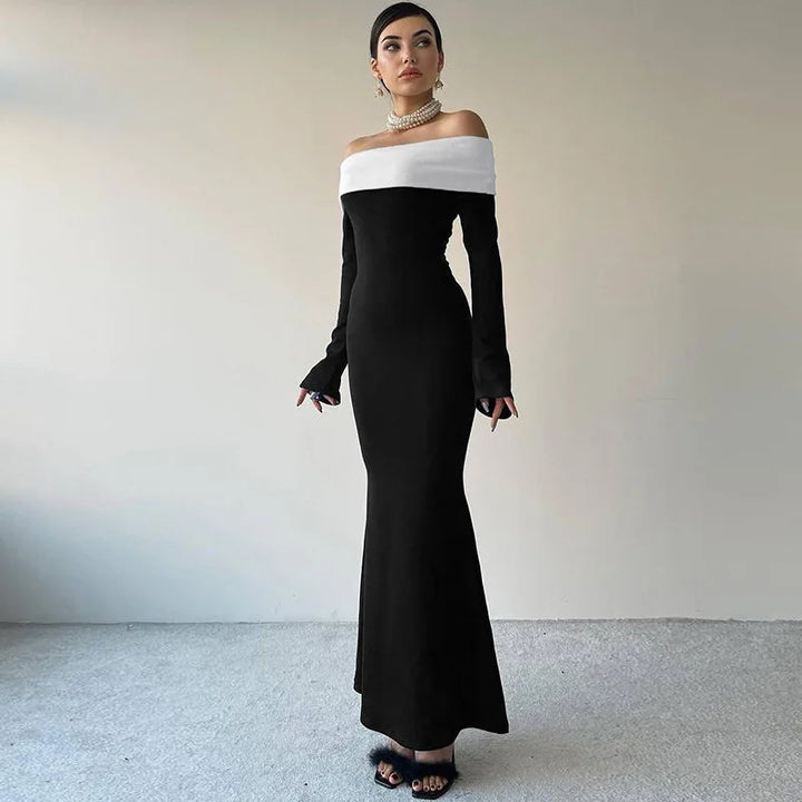 Monochrome Off-Shoulder Maxi Dress - Shindy