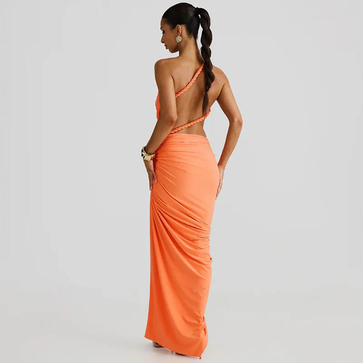 Maxi One-Shoulder Dress with Cutout and Slit, Braided Detail - Panama