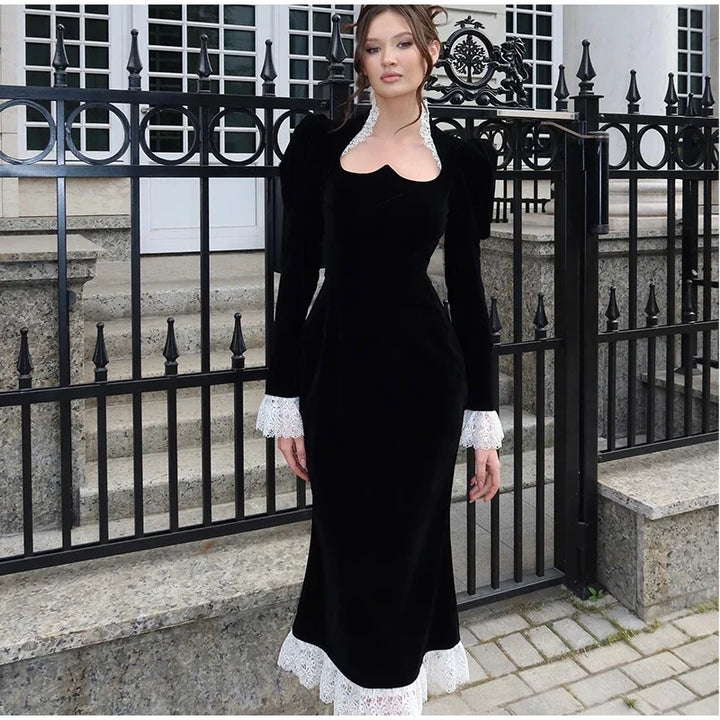 Velvet Maxi Dress with Lace Embellation - Saylor