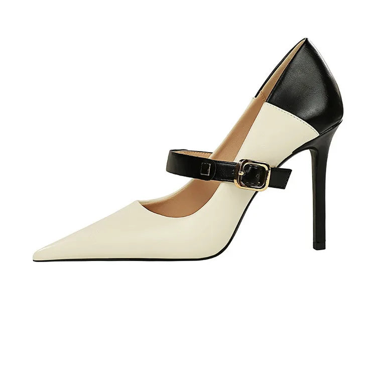 Faux Leather Pointed Heel Shoes with Buckle Decoration - Margaret