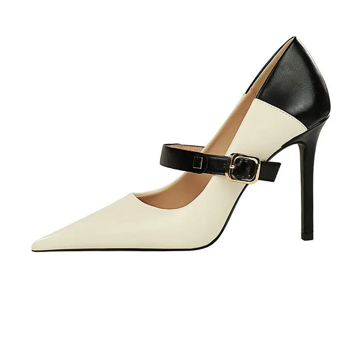 Faux Leather Pointed Heel Shoes with Buckle Decoration - Margaret