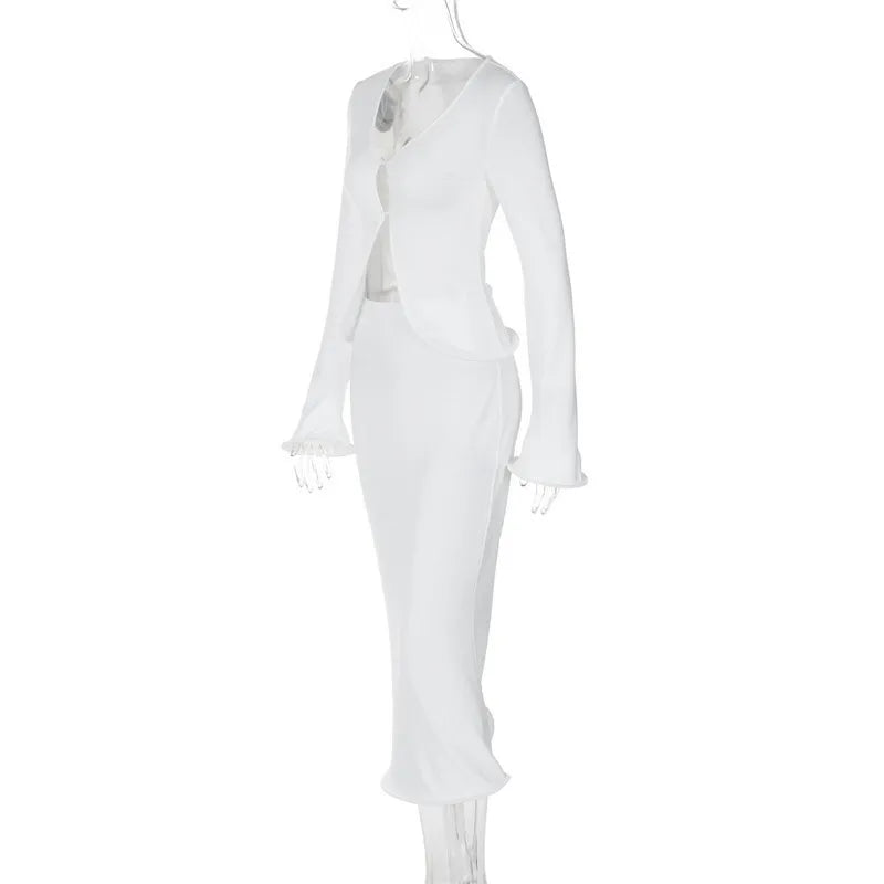 Knitted Two-Piece Set with Buttoned Top and Maxi Skirt - PARIS
