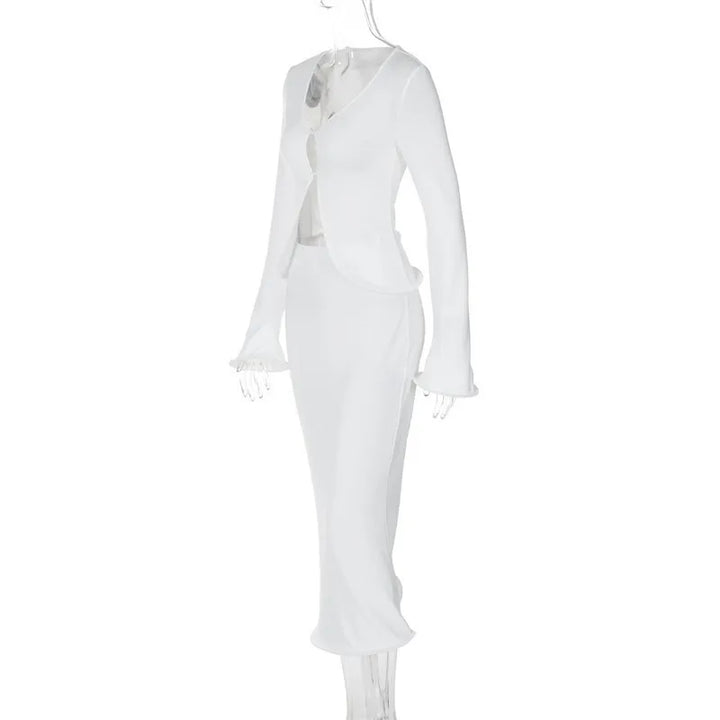 Knitted Two-Piece Set with Buttoned Top and Maxi Skirt - PARIS
