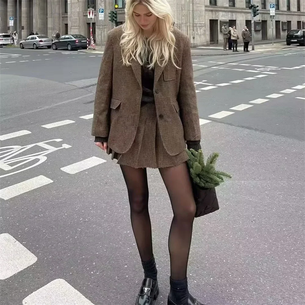 סט שני חלקים משובץ סטייל קולג' GIRL חצאית מיני ובלייזר - קוני