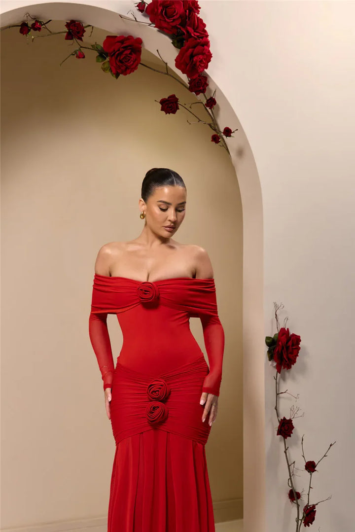 Off-shoulder maxi dress with ruching and floral appliqué decoration - Angelica