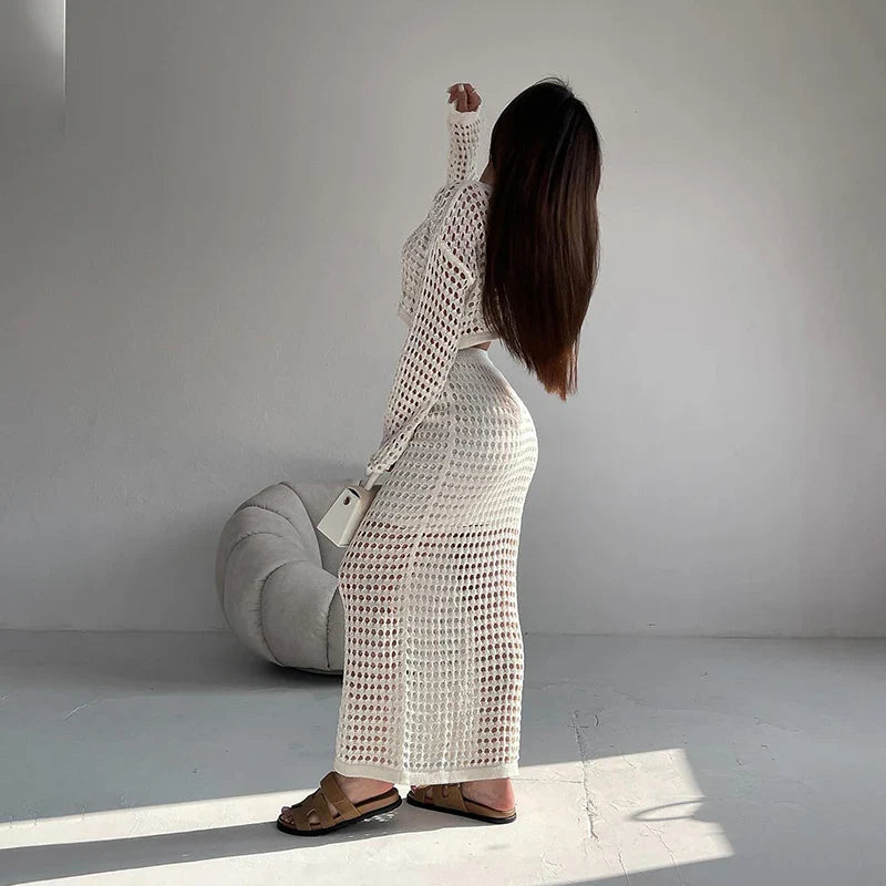 Two-Piece Crochet Mesh Set with Maxi Skirt and Crop Top - Blanca