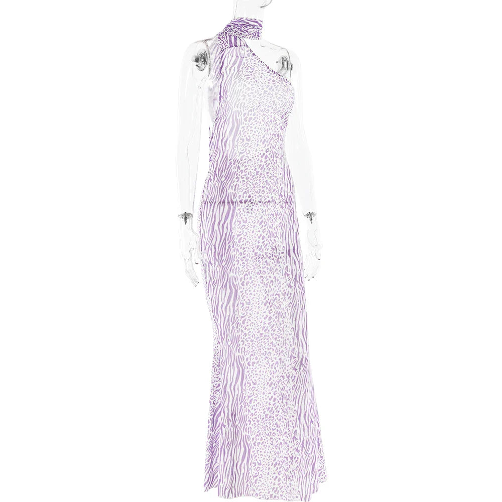 Leopard Print Mesh Maxi Dress with Open Back and Neck Tie - Jessica