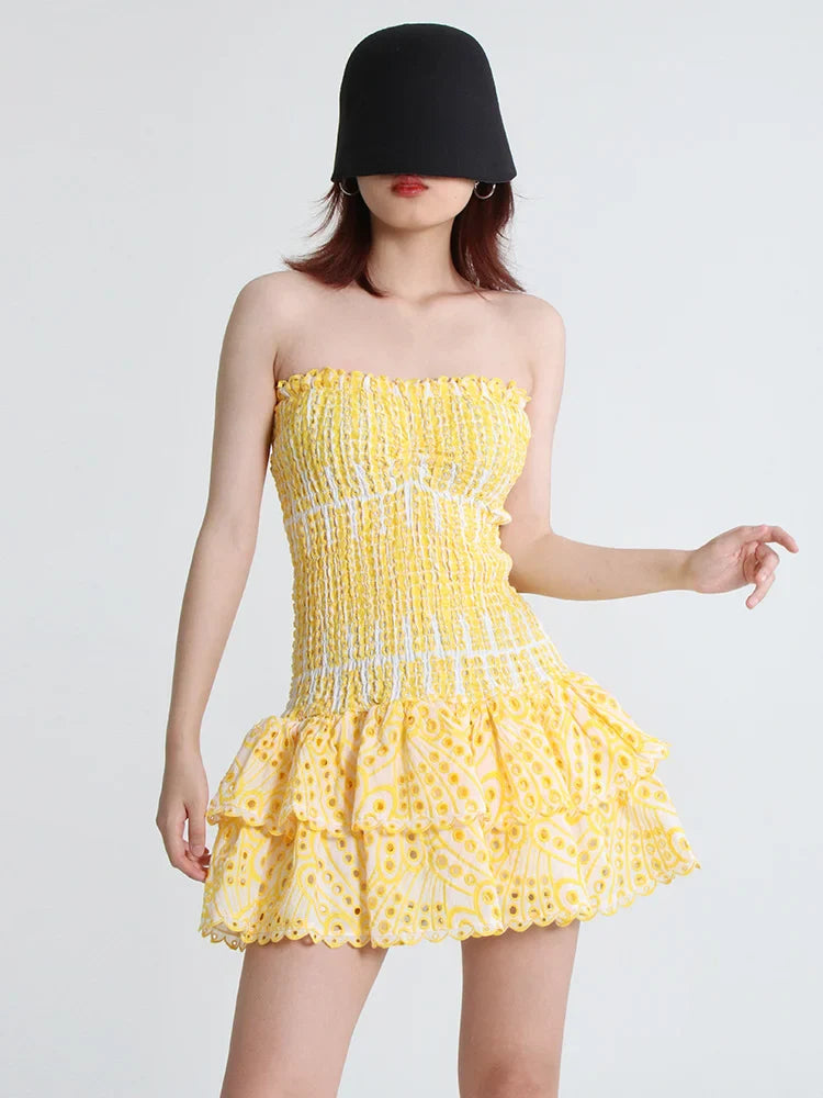 Strapless Mini Dress with Ruching and Ruffle - Diane
