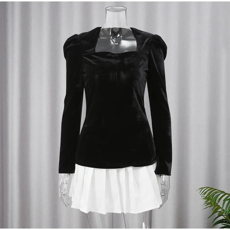 Velvet Mini Dress with Pleated Skirt Design - Ophelia