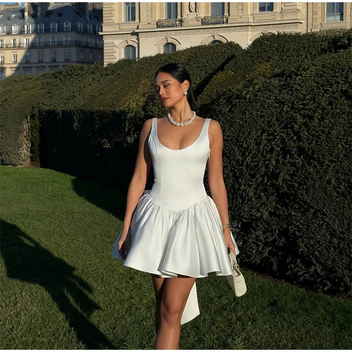 Satin Mini Dress with Open Back and Bow Embellishment - Reese
