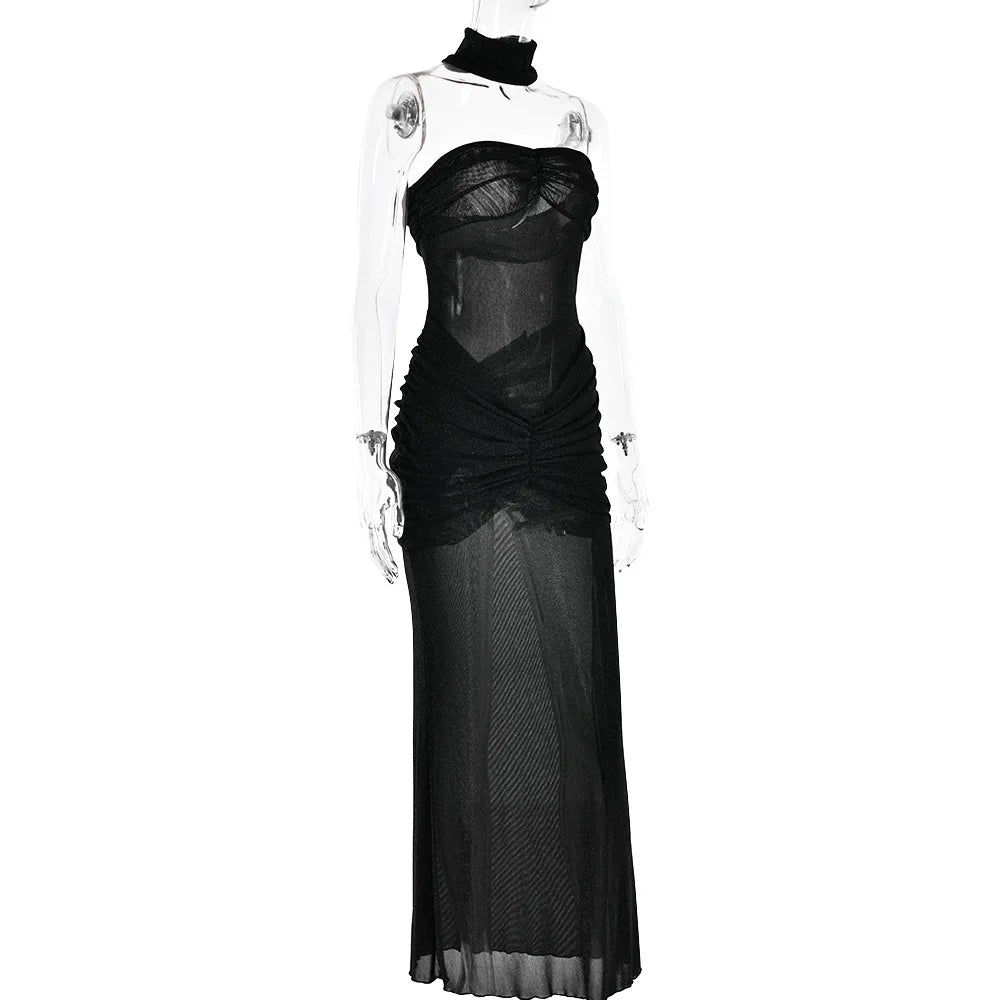 Strapless Maxi Dress with Glitter Mesh and Ruching Detail - Haisley