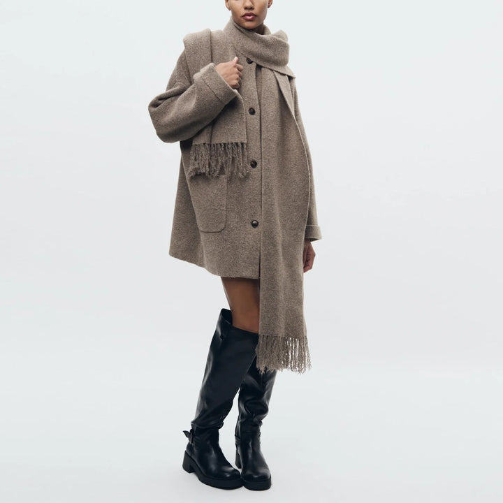 Wool Coat with Scarf Design, Button and Pocket Details - Lorenzo