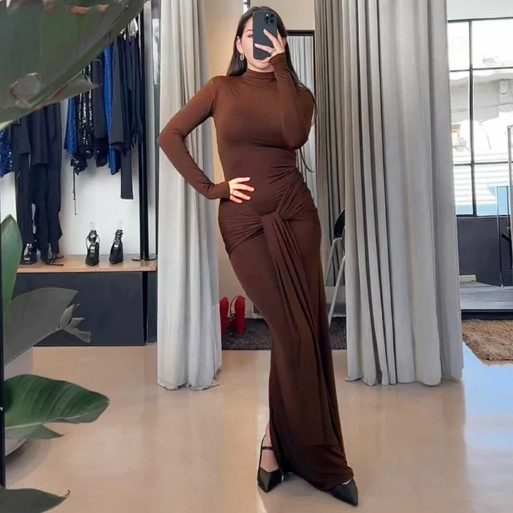 Maxi Dress with Turtleneck Collar, Gathered Design, and Tie - Margarita