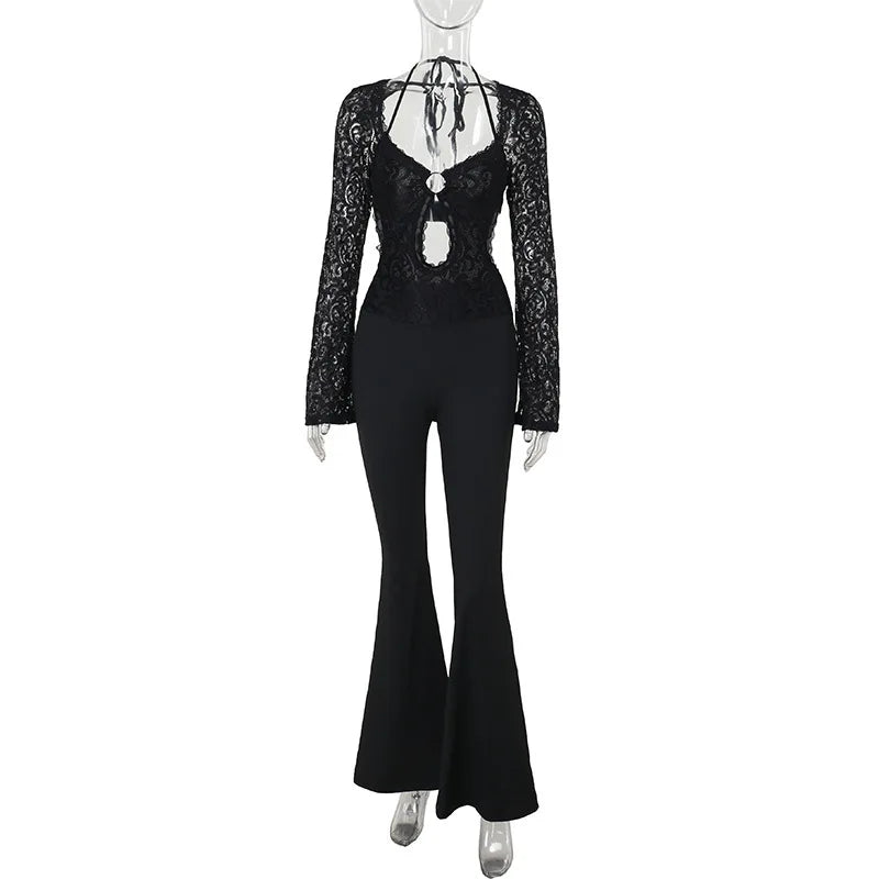 Jumpsuit with Lace Top and Shaped Fabric Pants, Open Back Design - Viviana