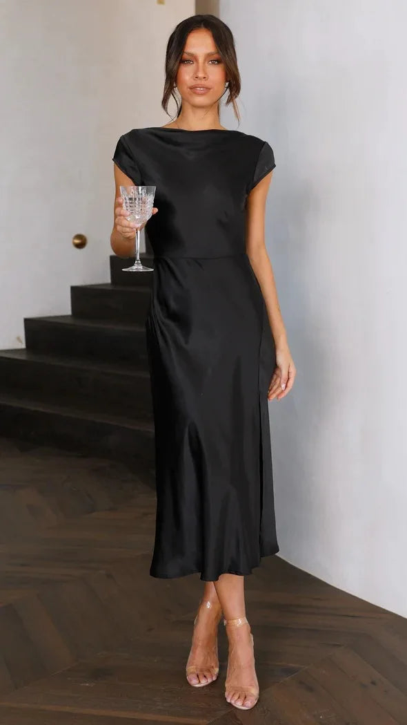 Midi satin dress with slit and open back design - Shray