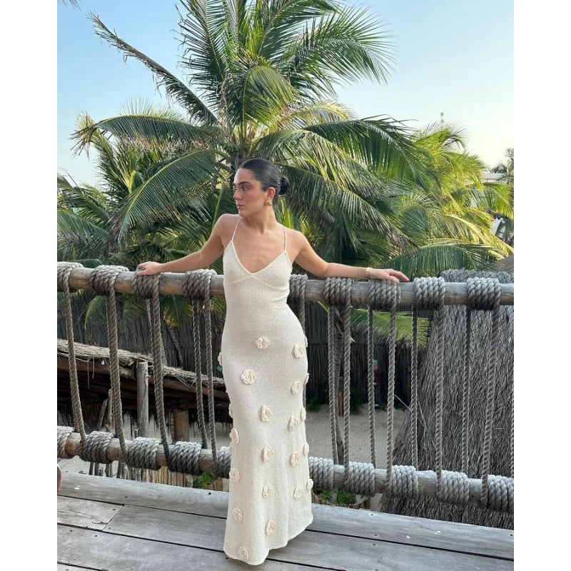 Knitted Maxi Dress with Floral Appliqués and Back Tie Detail - Malaya