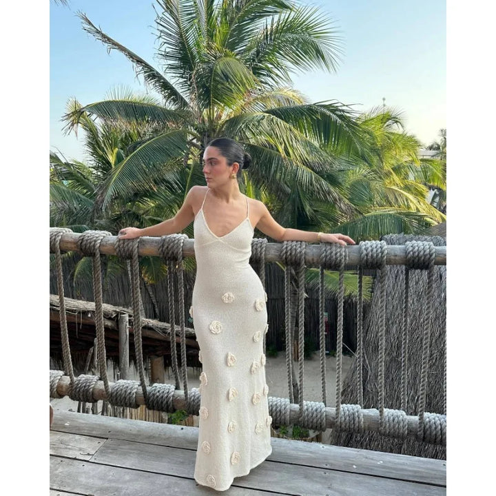 Knitted Maxi Dress with Floral Appliqués and Back Tie Detail - Malaya