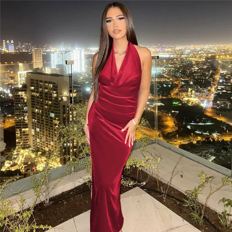 Maxi Velvet Dress with Dropped Collar and Open Back - Marla