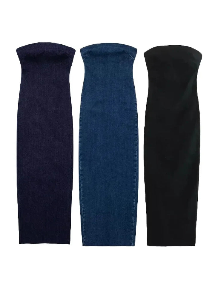 Fitted Strapless Denim Midi Dress - Richie