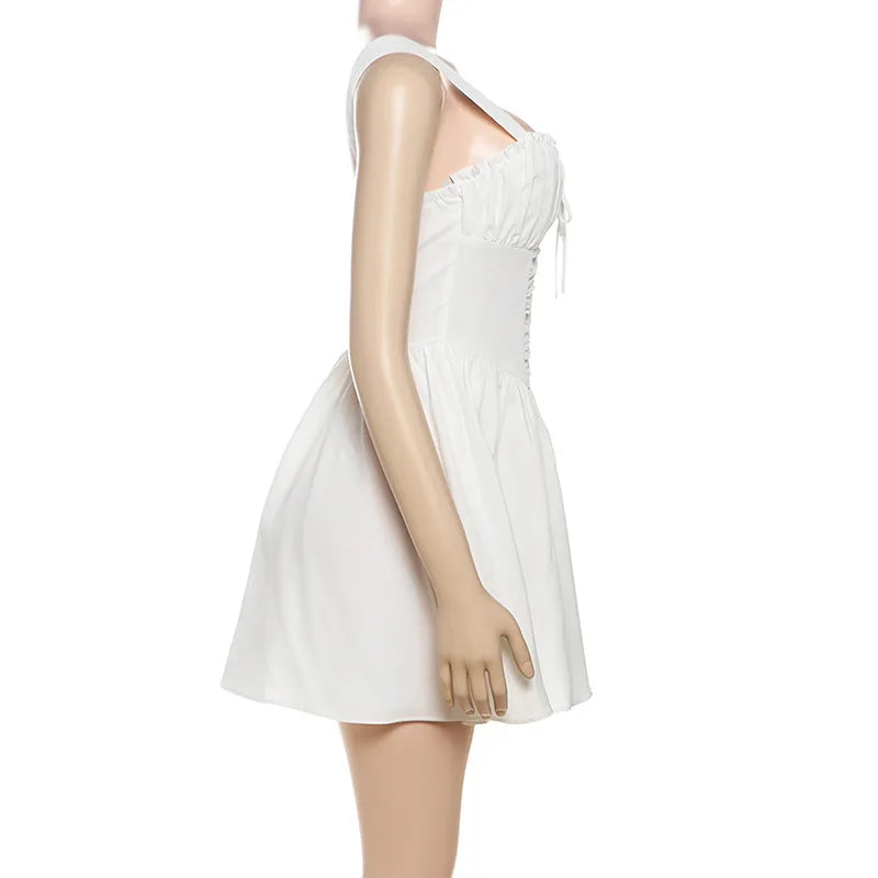 White mini dress in A-line cut with rustic design - AYLIN
