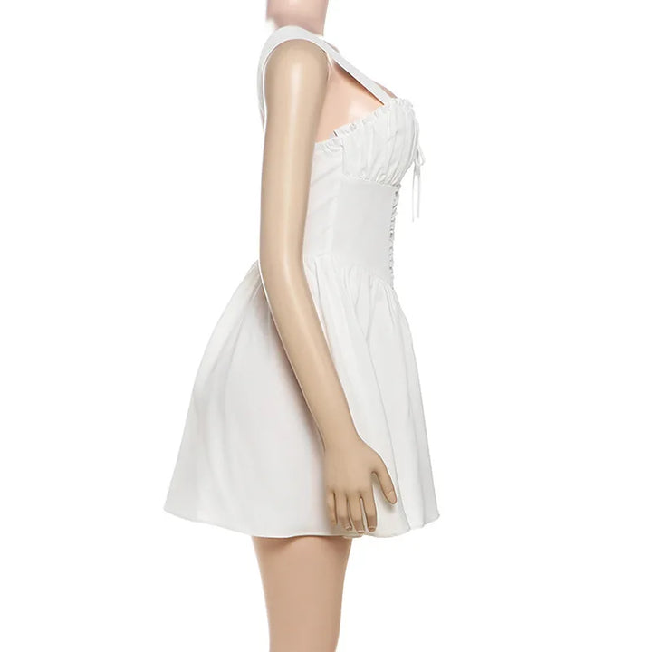 White mini dress in A-line cut with rustic design - AYLIN